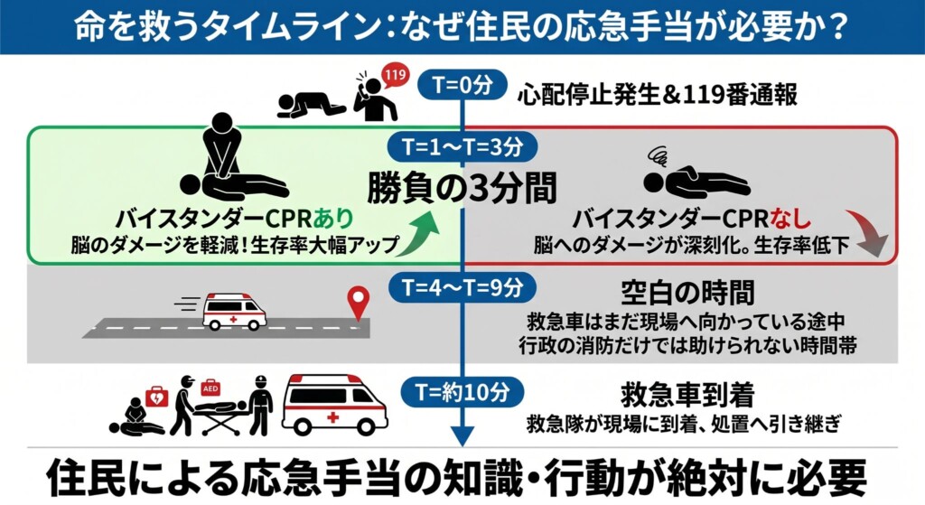 命を救うタイムライン図解。心肺停止から3分以内のバイスタンダーCPRの有無が生死を分ける